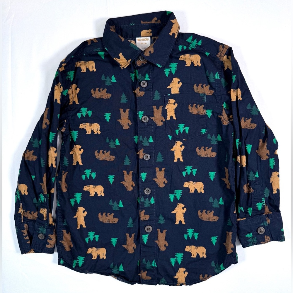 GYMBOREE Boy Bear Print Button Down Forest Animal Cotton Long Sleeve Size‎ 4